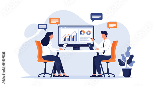 Business man and woman sitting at a desk collaborating and analyzing financial charts and graphs on a large desktop computer monitor.