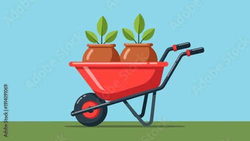 Red Wheelbarrow with Potted Seedlings.
