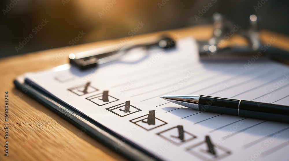 Fototapeta premium Close up of a Pen on a Paper Checklist Clipboard with Multiple Checkmarks on Wooden Table, Professional Project Management and Task Completion Concept for Business Success