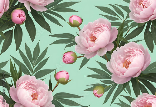 Wallpaper Mural Pink peony flowers blooming on green leafy branches in soft natural light close-up spring garden background Torontodigital.ca