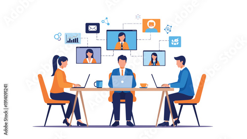 Team of three people sitting at a desk having an in-person meeting while also connecting with remote colleagues via video call panels.