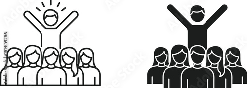 Leadership concept vector illustration, team leader standing above group, success motivation, business management, teamwork inspiration icons isolated design set