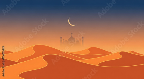 A mystical desert landscape with a silhouette of the Taj Mahal under a crescent moon
