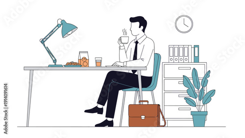 Professional businessman sitting at his office desk drinking a cup of coffee while working with a lamp and filing cabinet in the background.