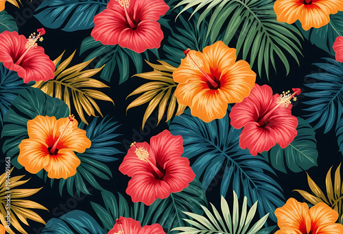 Wallpaper Mural Vibrant tropical hibiscus flowers in full bloom with lush green leaves on dark background, exotic floral pattern, high resolution Torontodigital.ca