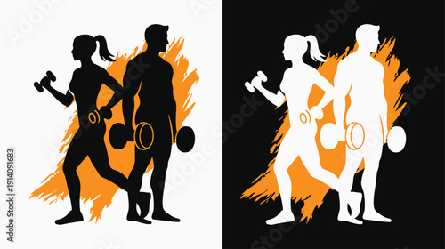 Fitness silhouettes gym exercising with dumbbells