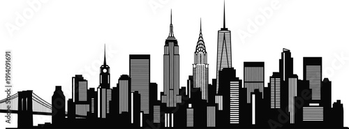 New York City skyline silhouette vector illustration, famous skyscrapers and Brooklyn Bridge, urban cityscape architecture isolated design