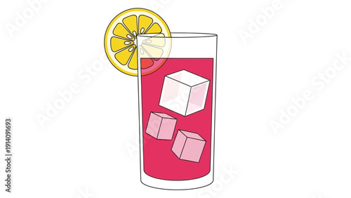 Refreshing Pink Drink with Ice Cubes and Lemon Slice.