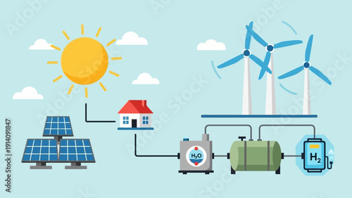 Renewable Energy System with Solar Panels and Wind Turbines.