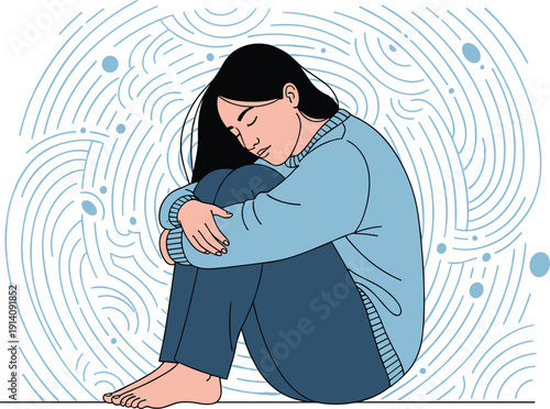 Sad woman sitting and hugging knees vector illustration, depression anxiety concept, mental health awareness, loneliness emotion, psychology support design