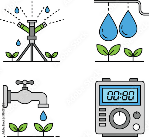 Smart irrigation system vector illustration, water saving agriculture icons, sprinkler drip irrigation tap timer, eco farming technology set isolated