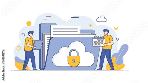 Two people managing a large secure cloud storage folder with a padlock and a calendar icon in a modern blue and yellow illustration.