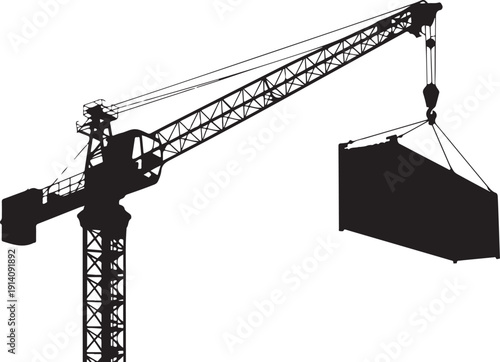Black and white of a crane lifting a load