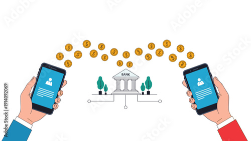Two hands holding smartphones performing a mobile bank transfer with coins moving from one device to another through a central bank building.
