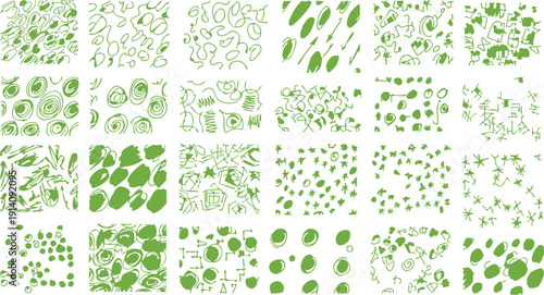 Playful hand-drawn doodle patterns set in vibrant lime green for creative backgrounds.