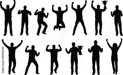 Winner celebration silhouettes vector illustration, people holding trophy flexing muscles, victory success motivation, champion achievement, celebration pose collection set