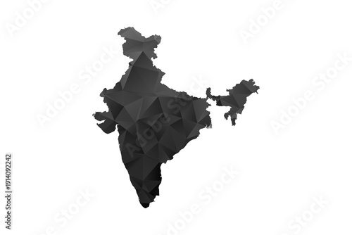 India Map - Polygon Style Vector Illustration in Black and Gray Gradient, Low Poly Geometric Design, Isolated on White Background for Infographics and Education.