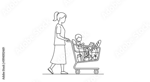 Woman Pushing Shopping Cart with Various Products.