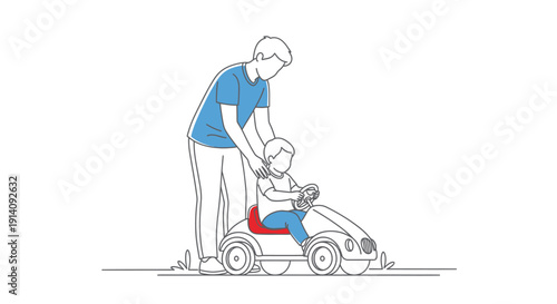 Father teaching son to ride a toy car.