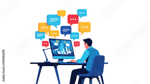Professional man working at a computer desk overwhelmed by numerous colorful social media notifications and message chat bubbles.