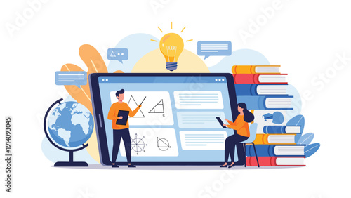 Students collaborating on mathematics and geometry lessons using a large interactive tablet surrounded by books and a world globe.