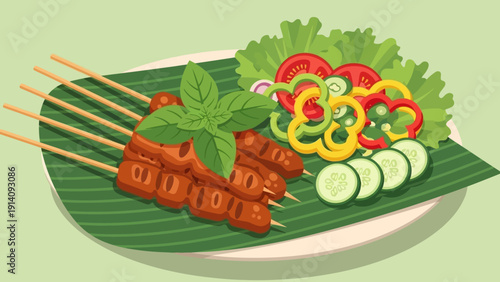 Satay Skewers with Vegetables on Plate.