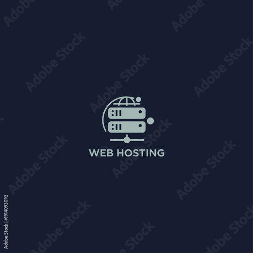 Vector web hosting server icon with globe and database isolated on dark blue background