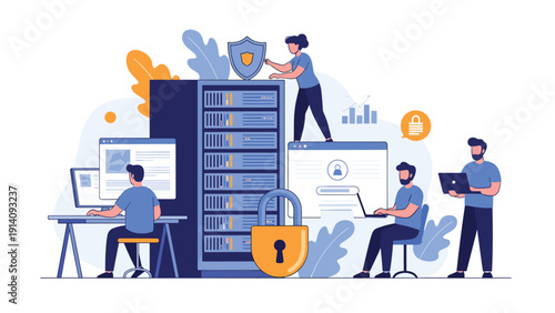 Cybersecurity team protecting sensitive data and network infrastructure using various security measures like locks and digital shields.