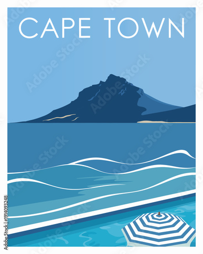 A stylized illustration depicts cape town featuring table mountain ocean waves and a beach