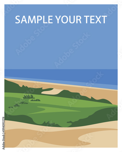 A stylized illustration depicts a coastal landscape with text overlaying the sky