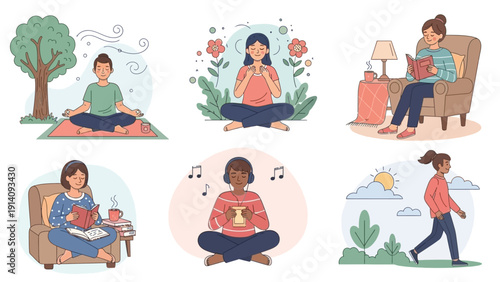 Set of six illustrations depicting healthy lifestyle activities.