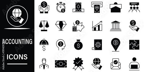 Accounting icon set. Includes icons for tax, finance, calculator, ledger, invoice, banking and more. Solid vector illustration.