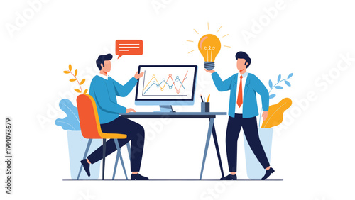 Business partners brainstorming new creative ideas and analyzing market trends on a computer monitor to ensure future project success.