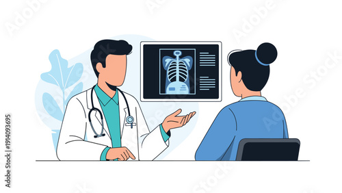 Male doctor in a white lab coat explaining chest X-ray results to a female patient during a medical consultation in a clinic.