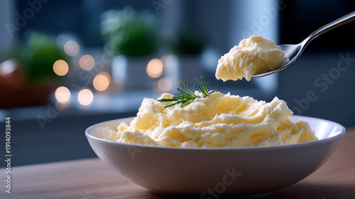 A close-up shot of a creamy mashed potato being scooped from a white bowl. The scene is illuminated by soft light. 