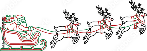 A festive continuous-line vector illustration featuring Santa Claus riding in his classic red and green sleigh
