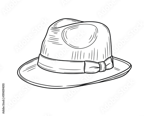  Line drawing of a fedora hat with a ribbon and bow on the band, conveying a classic and vintage style. The illustration is simple and elegant.