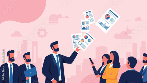 Dynamic business presentation where a leader throws financial reports and charts while addressing a team of professional colleagues.