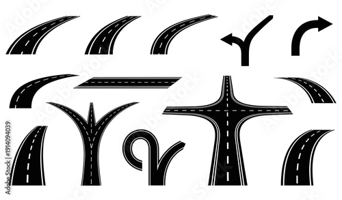 Road junction vector icons curved straight t y u turn lanes signage