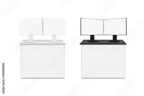 Table with two monitors. Dual monitor setup. Black, white. Realistic 3d vector mockup. Flat panel blank digital display screen stand on desk. Easy editable mock-up. Template for design