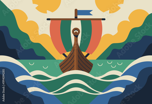 Vibrant Sailing Adventure on a Stylized Sea with Colorful Viking Ship Under Bright Sunlight