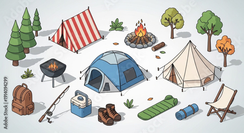 Isometric Camping Icons Set – Tents and Forest Elements for Outdoor Adventure Designs