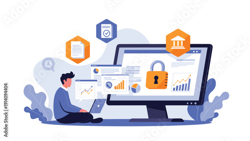Secure online banking and financial data protection concept featuring a person using a computer with advanced encryption and lock icons.