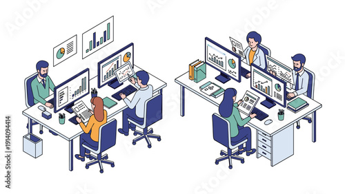 Isometric office workspace showing two separate teams of professionals working on computers with various data visualizations and reports.