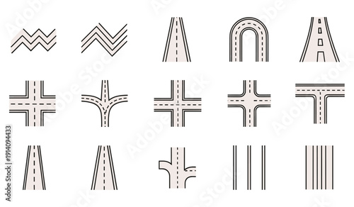 Road symbols vector icons intersections zigzag u turn lanes highway set