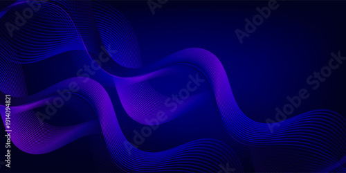Futuristic dark abstract background with vibrant violet and pink glowing waves on a deep navy backdrop. Perfect for modern digital posters, tech presentations, or music visuals. Vector horizontal temp