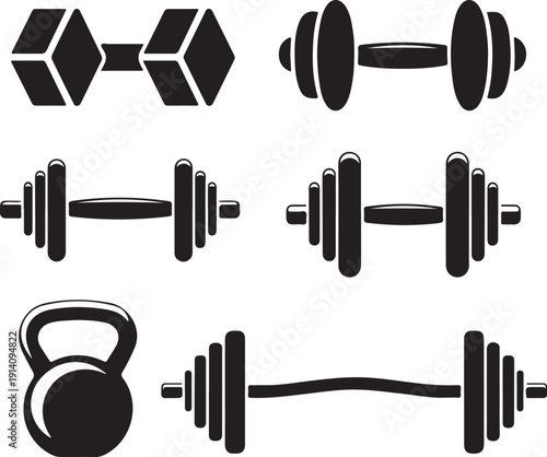 black and white icons of various dumbbells and a kettlebell for fitness and workout routines