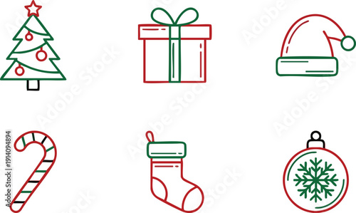 A set of six simple, two-color outline vector icons for Christmas and New Year's holiday celebration