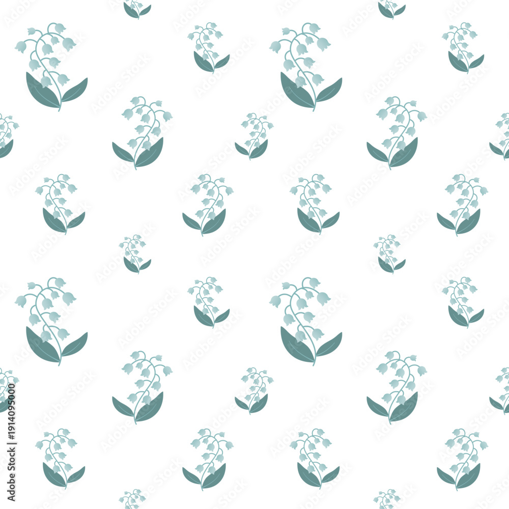 Fototapeta premium Lily of the valley seamless pattern with gradient flowers and leaves. Botanical floral repeat background. Minimal flat vector illustration.