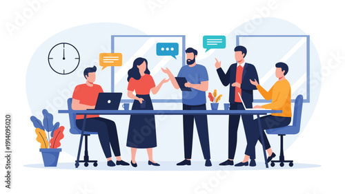 Creative team meeting in a modern office with professionals discussing project ideas around a table with laptops and coffee cups.